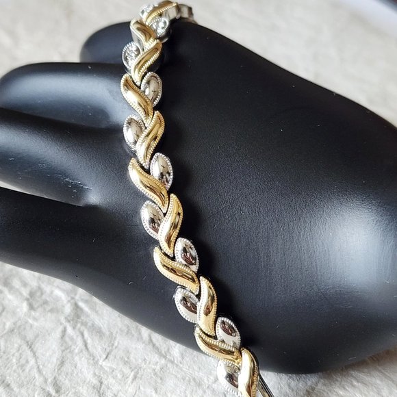 Tennis Link Bracelet Silver Gold Two Tone Hearts Mid Century Modernist 7" Gift - Picture 2 of 9